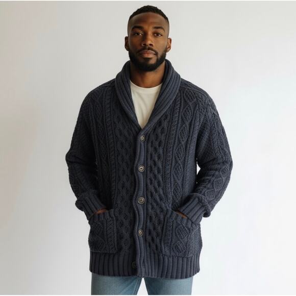 LL Bean Mens Signature Fisherman Cable Knit Sweater Cardigan Charcoal Gray MED - Picture 3 of 16